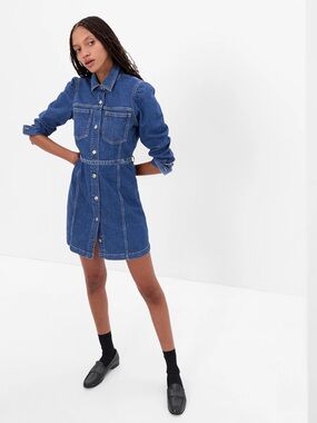 Gap Puff Sleeve Denim Mini Dress — Medium Wash